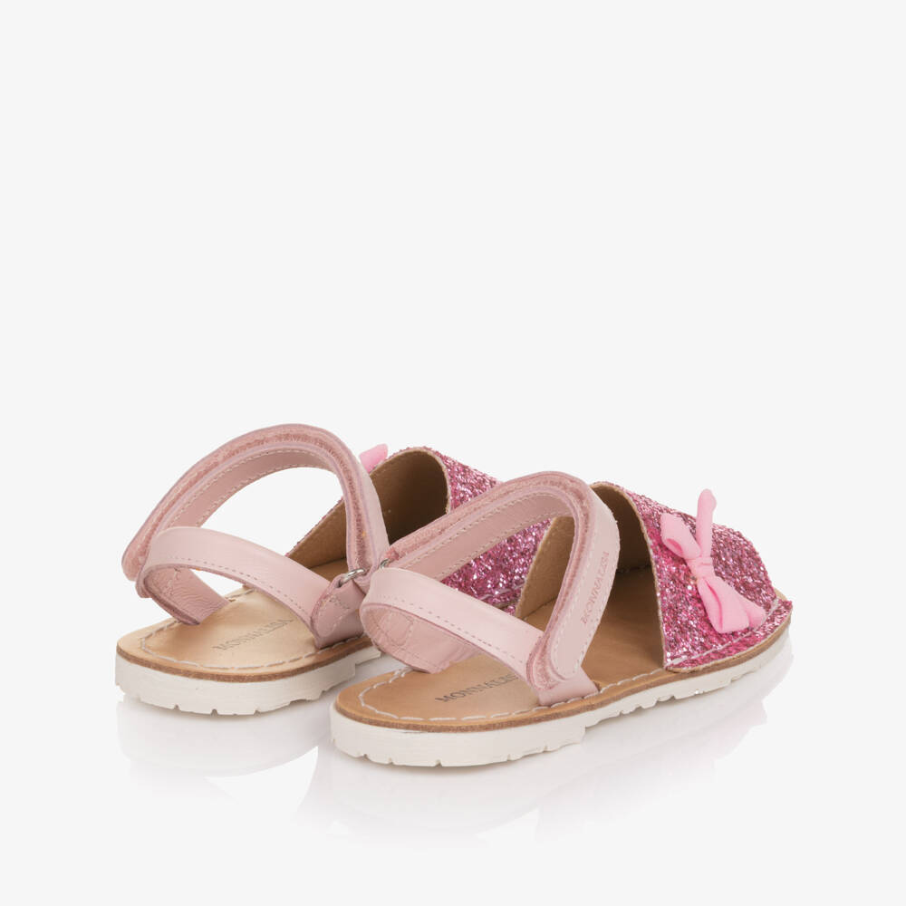 Monnalisa-Girls Pink Glitter Menorcan Sandals with Bow Detail | Childrensalon