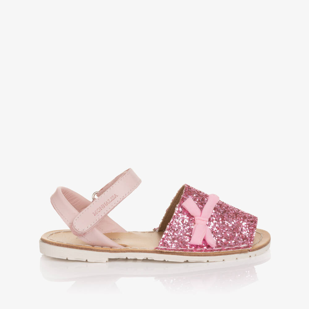 Monnalisa-Girls Pink Glitter Menorcan Sandals with Bow Detail | Childrensalon