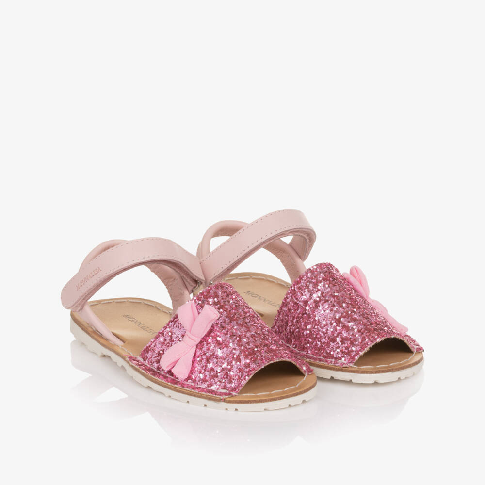 Monnalisa-Girls Pink Glitter Menorcan Sandals with Bow Detail | Childrensalon