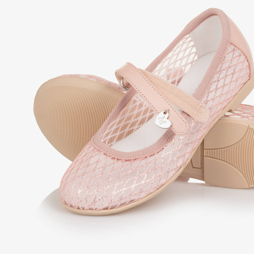 Monnalisa-Girls Pink Glitter Mesh Mary Jane Shoes | Childrensalon