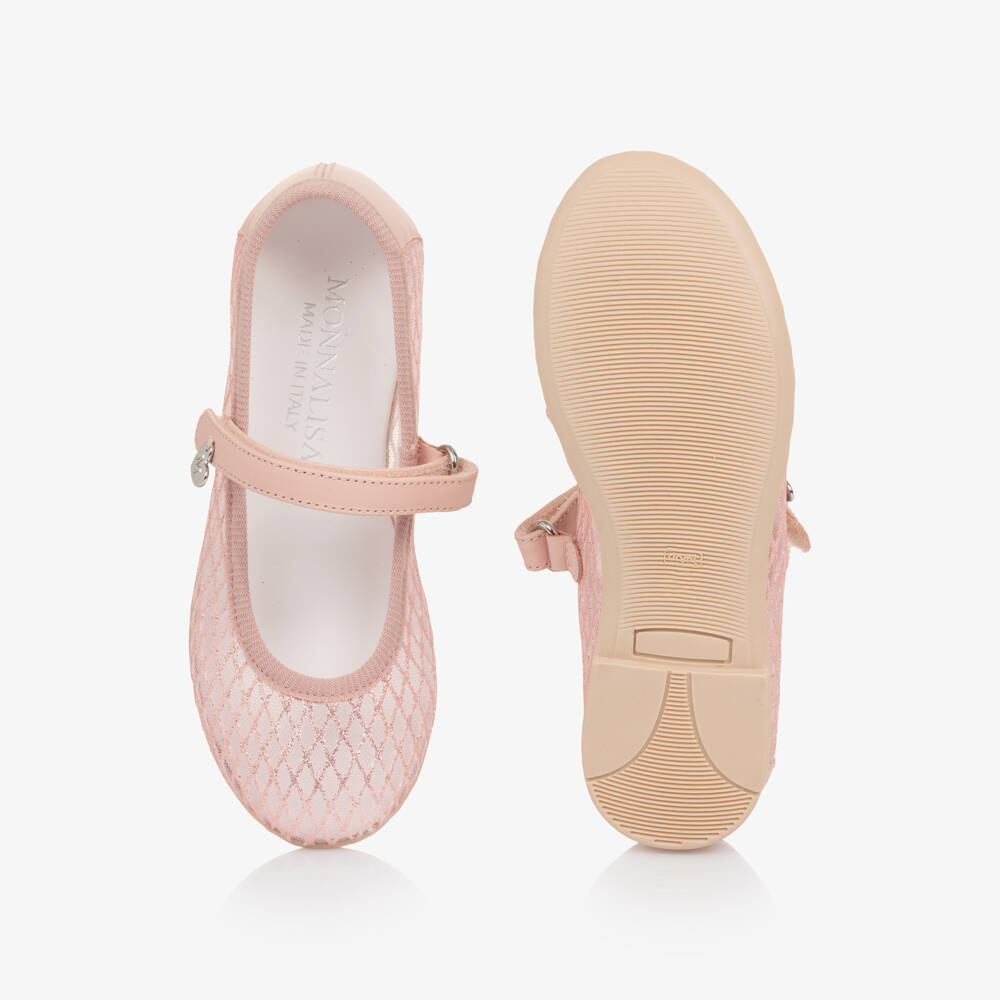 Monnalisa-Girls Pink Glitter Mesh Mary Jane Shoes | Childrensalon
