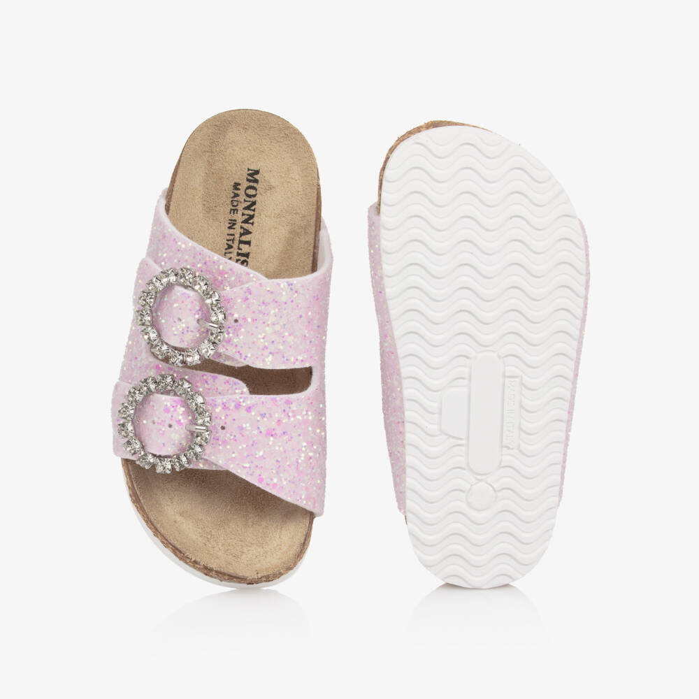 Monnalisa-Girls Pink Glitter Sandals with Diamanté Buckles | Childrensalon