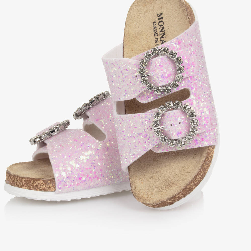 Monnalisa-Girls Pink Glitter Sandals with Diamanté Buckles | Childrensalon