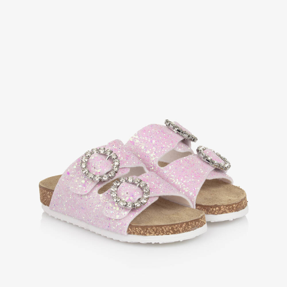 Monnalisa-Girls Pink Glitter Sandals with Diamanté Buckles | Childrensalon