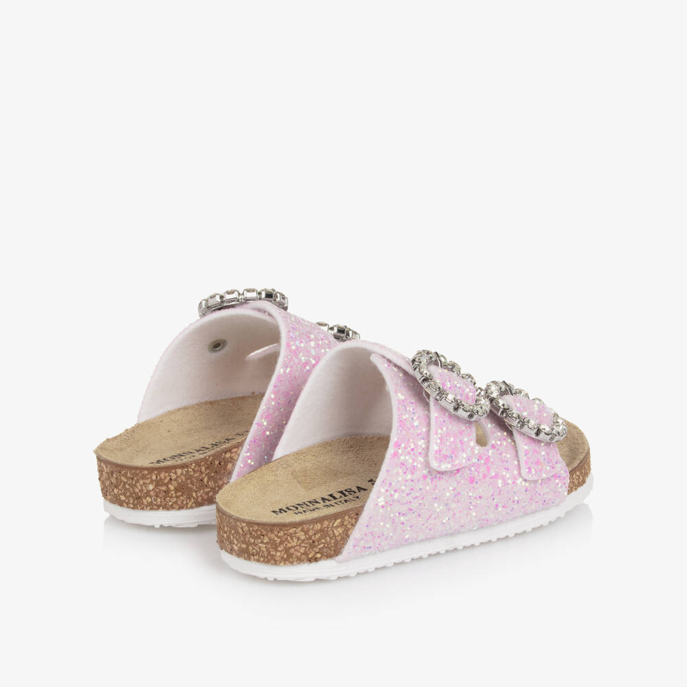Monnalisa-Girls Pink Glitter Sandals with Diamanté Buckles | Childrensalon