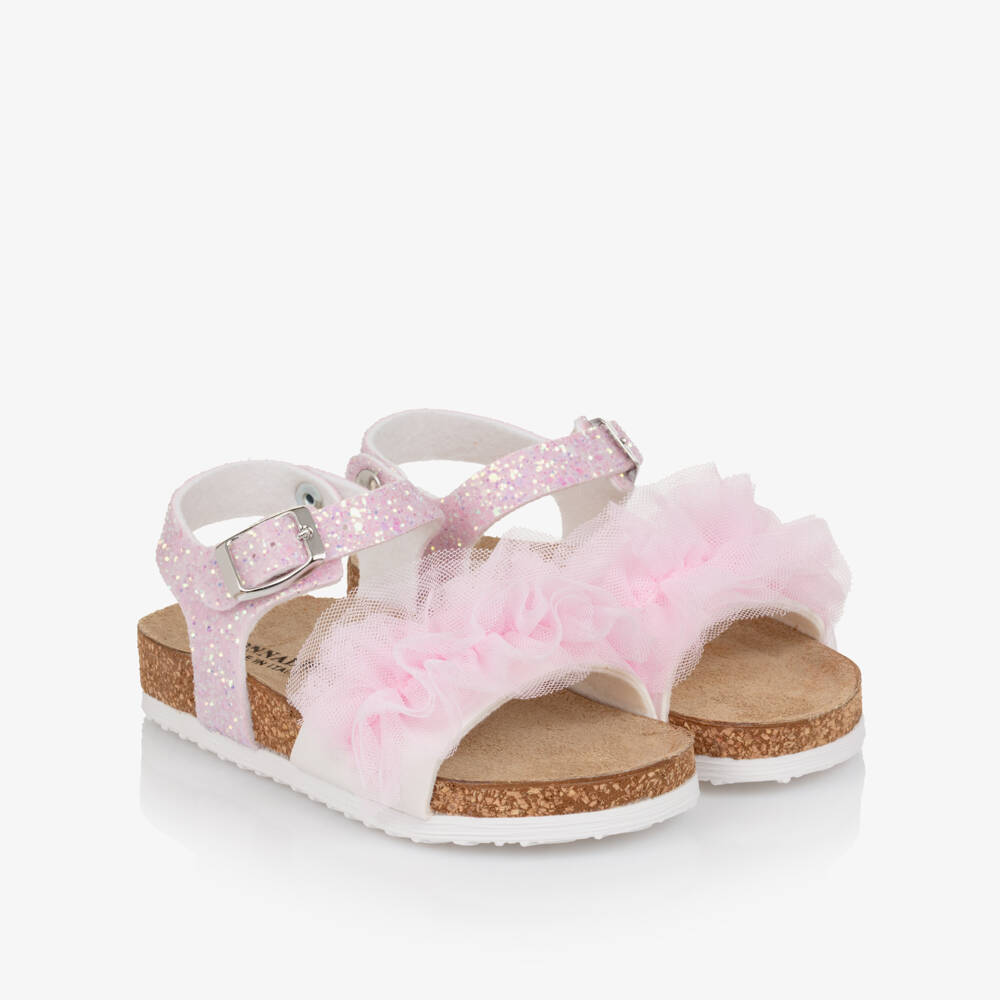 Monnalisa-Girls Pink Glitter & Tulle Ruffle Sandals | Childrensalon