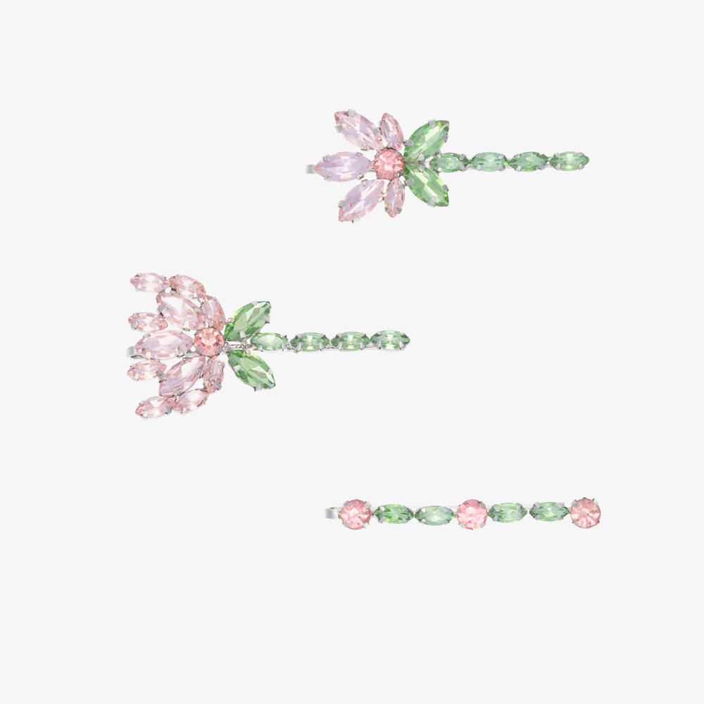 Monnalisa Chic-Girls Pink & Green Flower Hair Clips (3 Pack) | Childrensalon