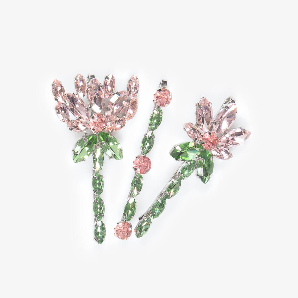 Monnalisa Chic-Girls Pink & Green Flower Hair Clips (3 Pack) | Childrensalon