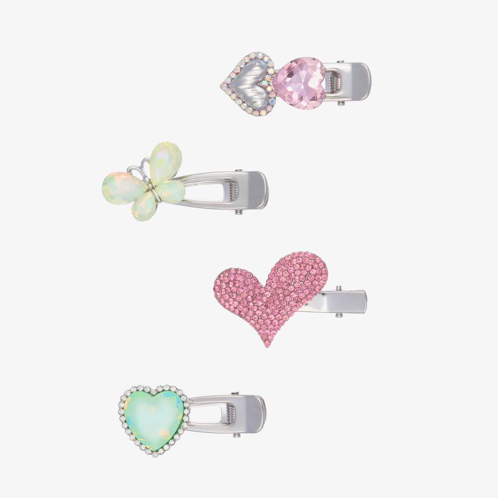 Monnalisa-Girls Pink Heart & Butterfly Hair Clips (4 Pack) | Childrensalon