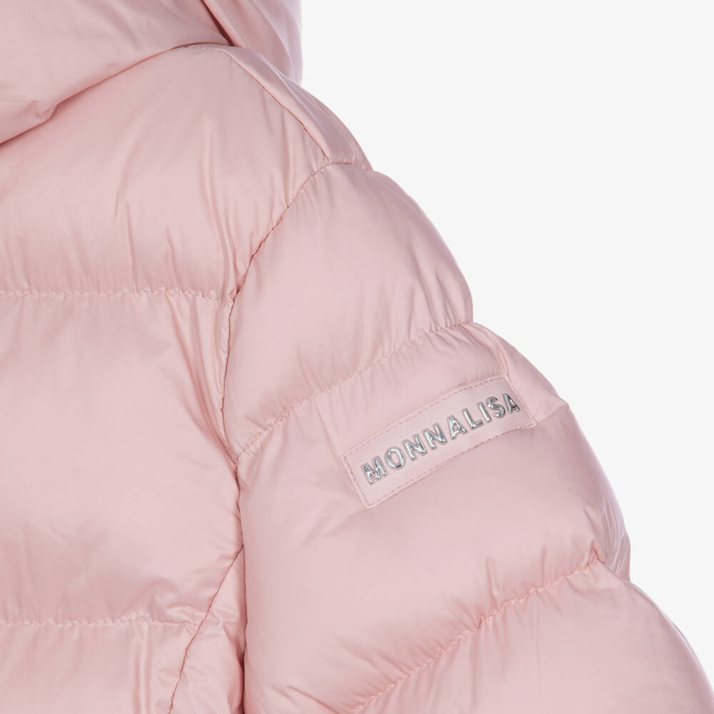 Monnalisa-Girls Pink Hooded Puffer Coat with Belt | Childrensalon