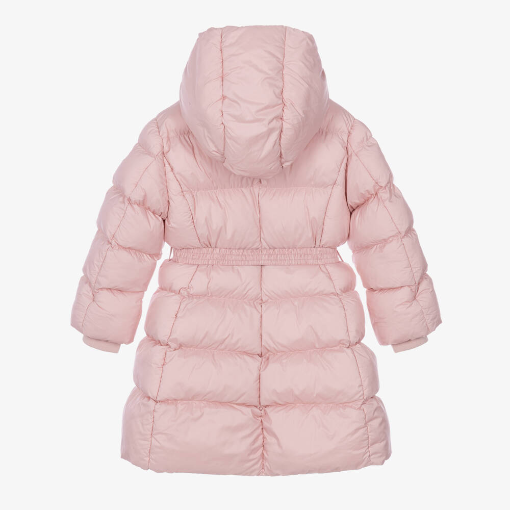 Monnalisa-Girls Pink Hooded Puffer Coat with Belt | Childrensalon
