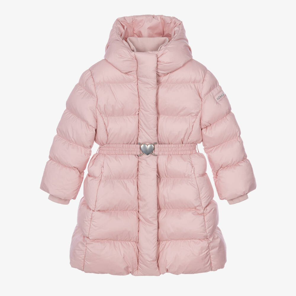 Monnalisa-Girls Pink Hooded Puffer Coat with Belt | Childrensalon