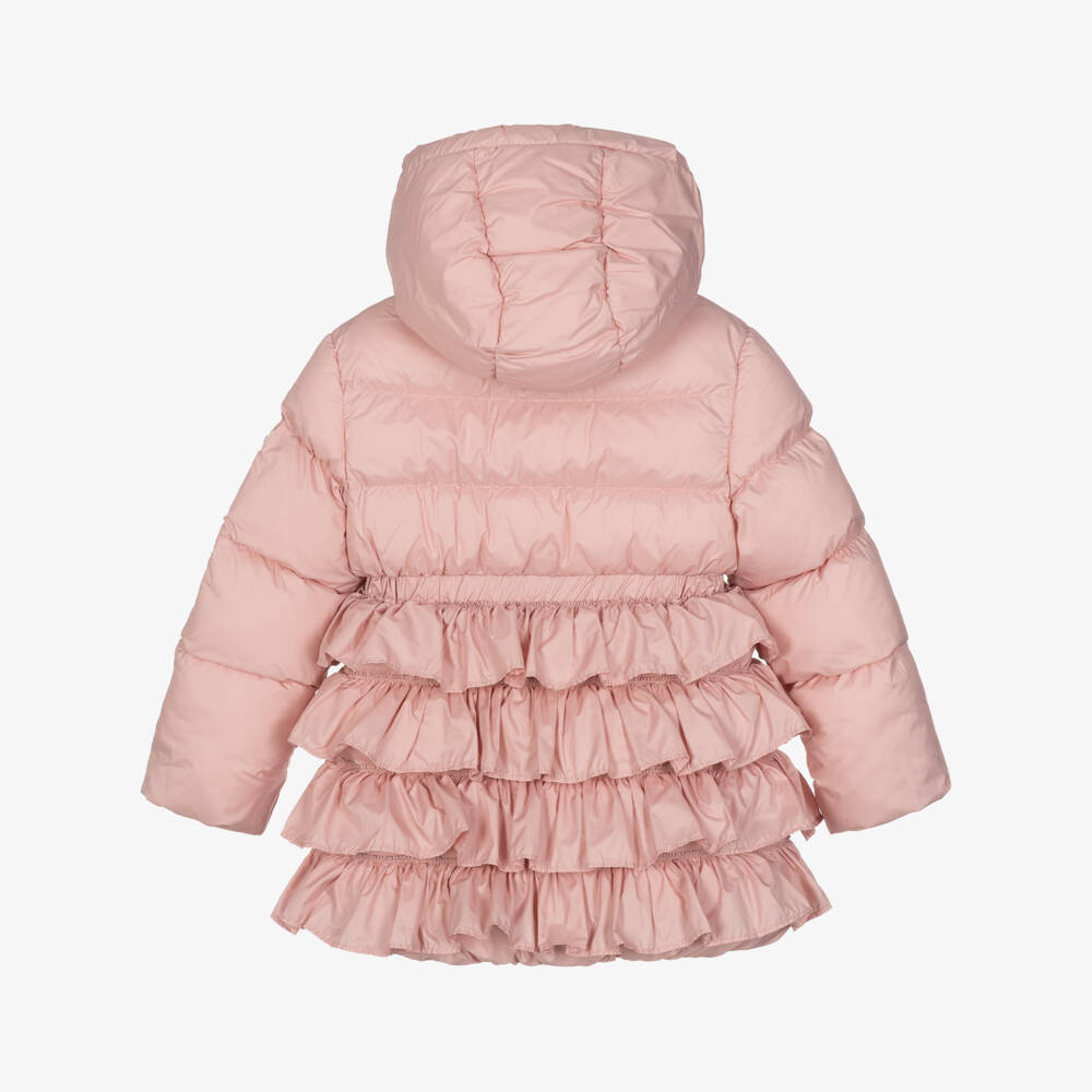 Monnalisa-Girls Pink Hooded Puffer Coat with Ruffles | Childrensalon