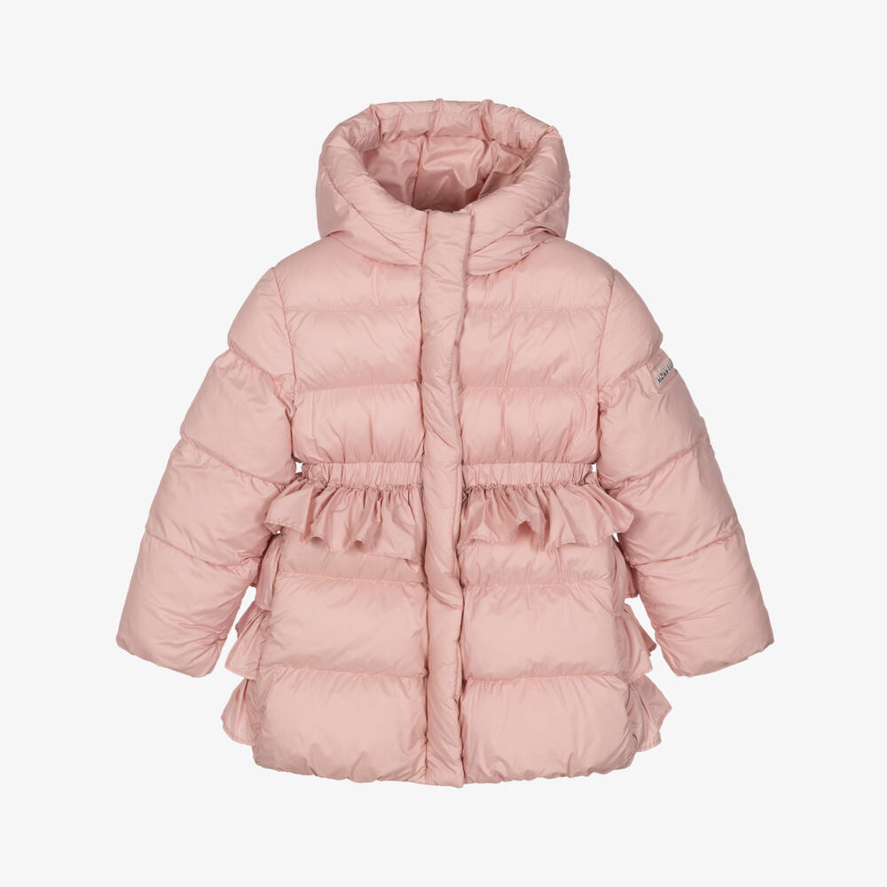Monnalisa-Girls Pink Hooded Puffer Coat with Ruffles | Childrensalon
