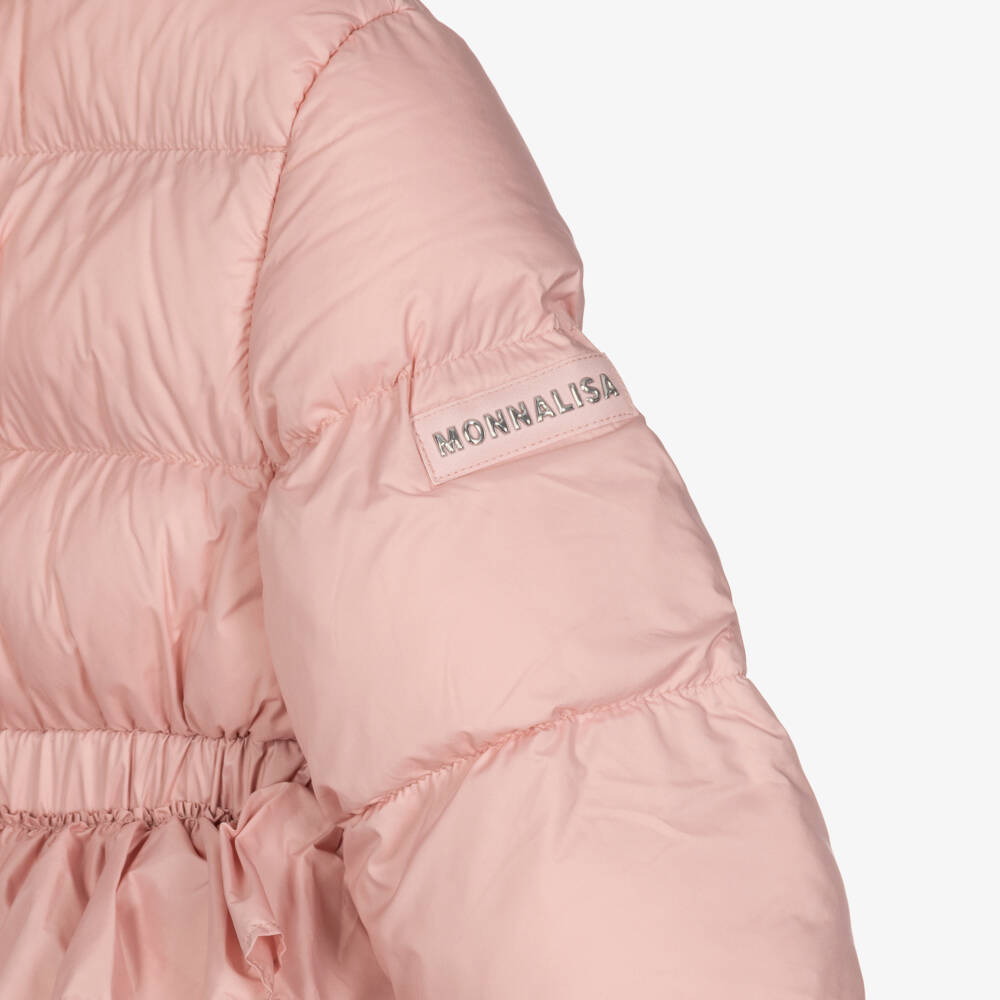 Monnalisa-Girls Pink Hooded Puffer Coat with Ruffles | Childrensalon