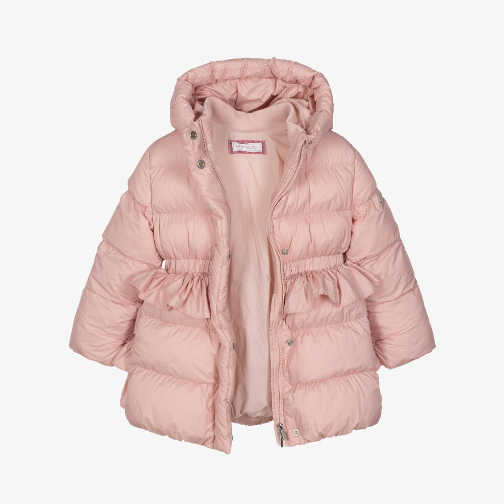 Monnalisa-Girls Pink Hooded Puffer Coat with Ruffles | Childrensalon