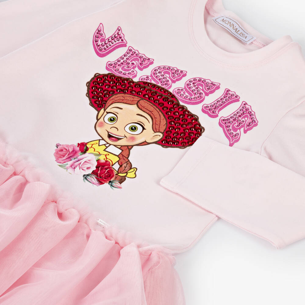 Monnalisa-Girls Pink Jersey & Tulle Dress with Sparkly Jessie Print | Childrensalon