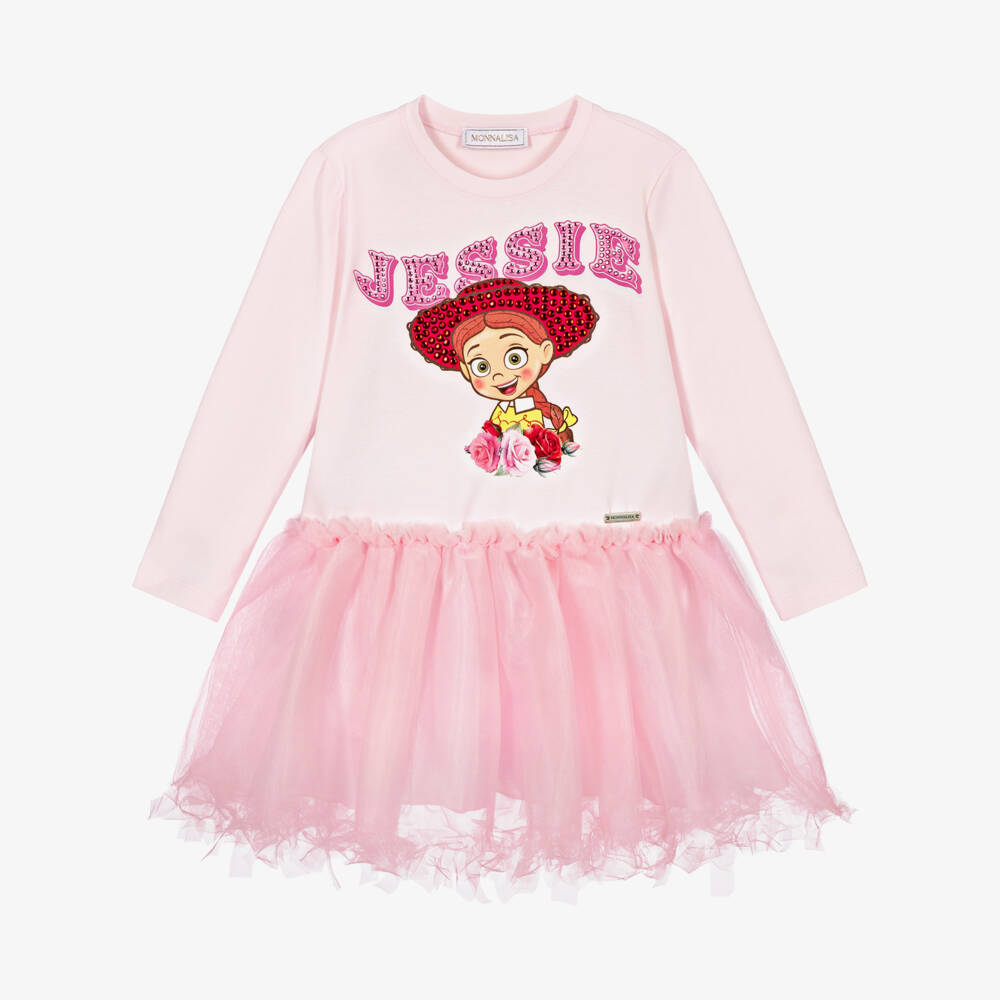 Monnalisa-Girls Pink Jersey & Tulle Dress with Sparkly Jessie Print | Childrensalon