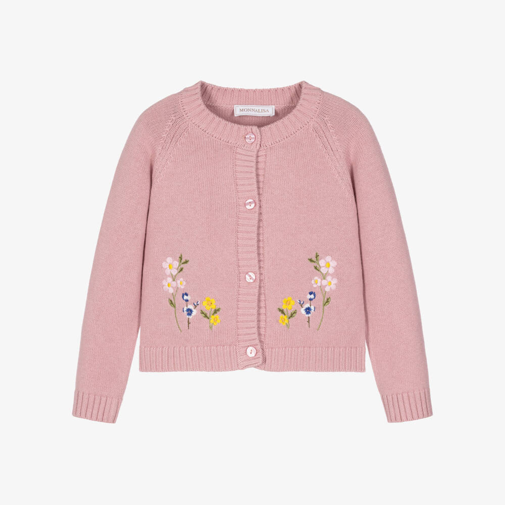 Monnalisa-Girls Pink Knitted Cardigan with Embroidered Flowers | Childrensalon