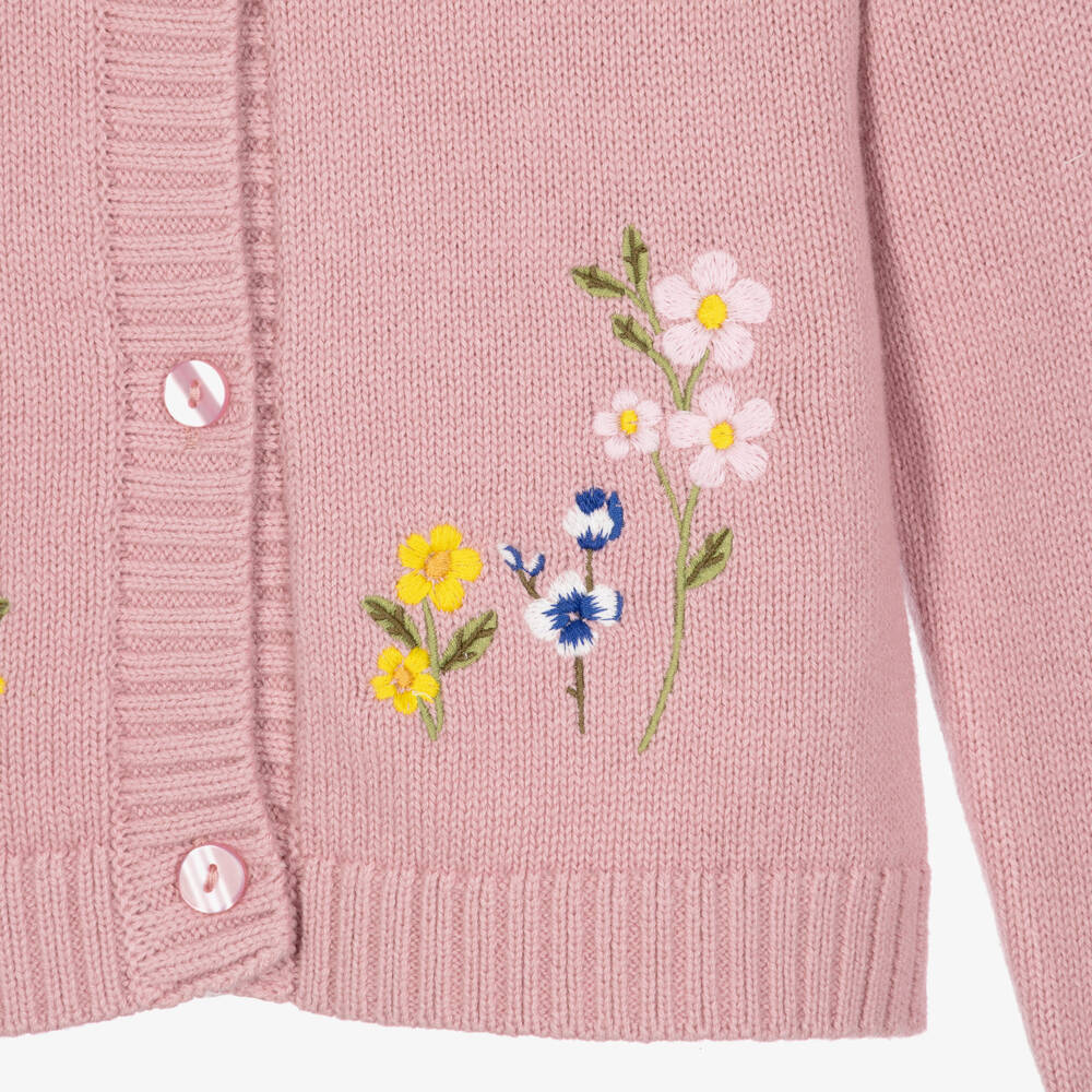 Monnalisa-Girls Pink Knitted Cardigan with Embroidered Flowers | Childrensalon