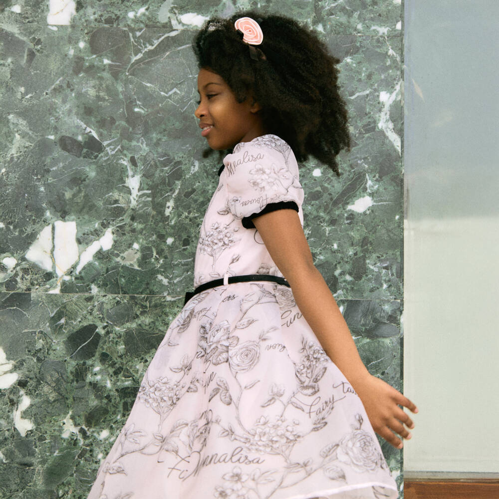 Monnalisa Chic-Girls Pink Organza Rose Print Dress | Childrensalon
