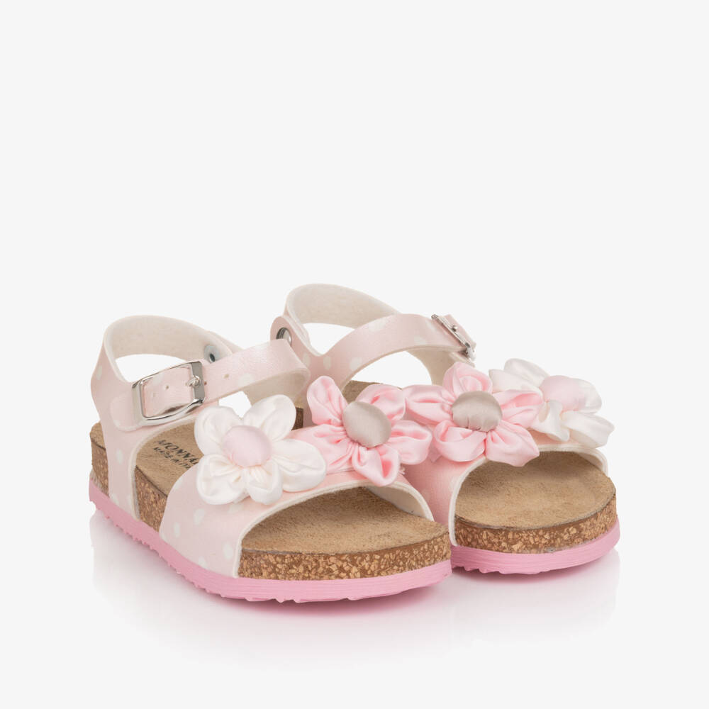 Monnalisa-Girls Pink Polka Dot Sandals with Flower Appliqués | Childrensalon