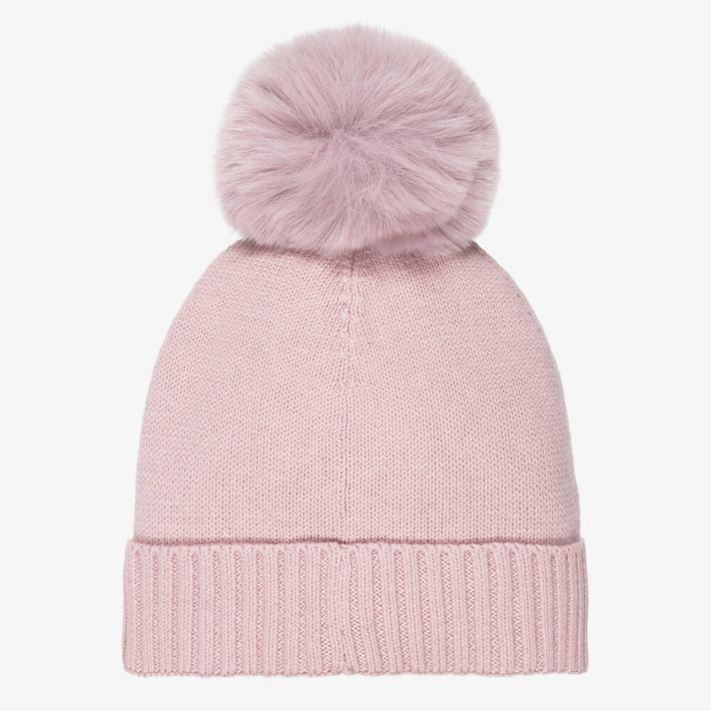 Monnalisa-Girls Pink Pom-Pom Hat with Embroidered Flowers | Childrensalon