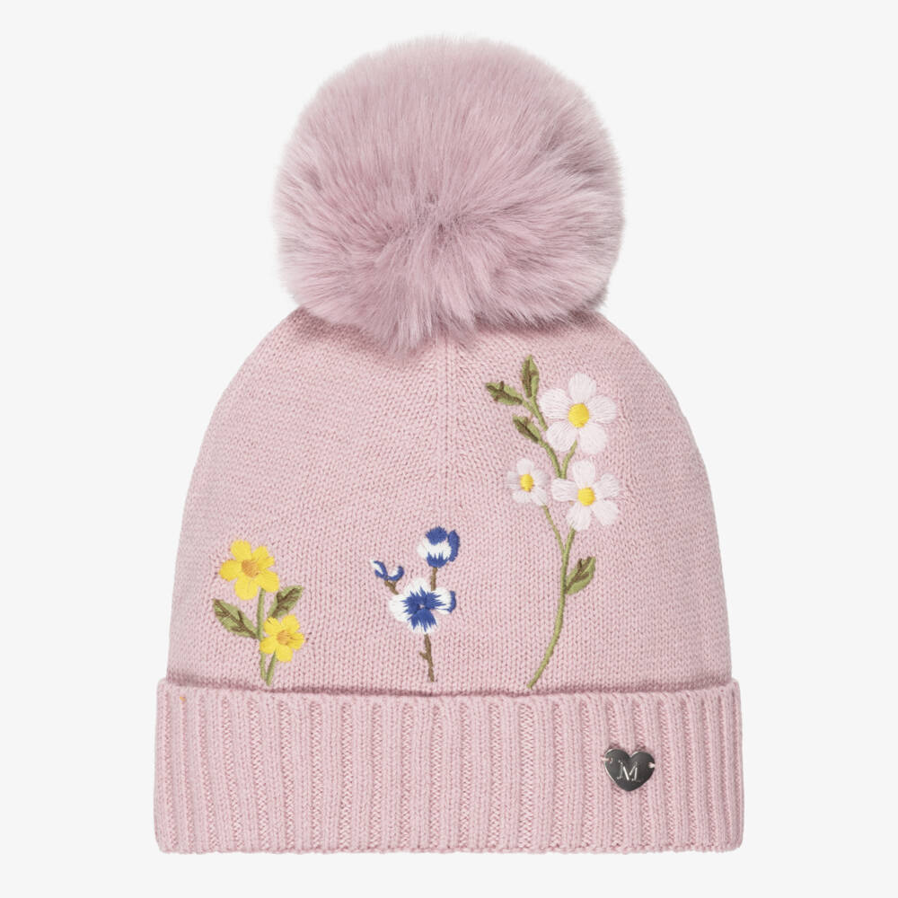 Monnalisa-Girls Pink Pom-Pom Hat with Embroidered Flowers | Childrensalon