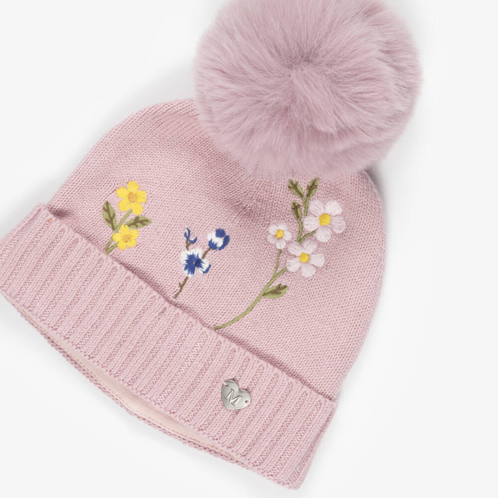 Monnalisa-Girls Pink Pom-Pom Hat with Embroidered Flowers | Childrensalon