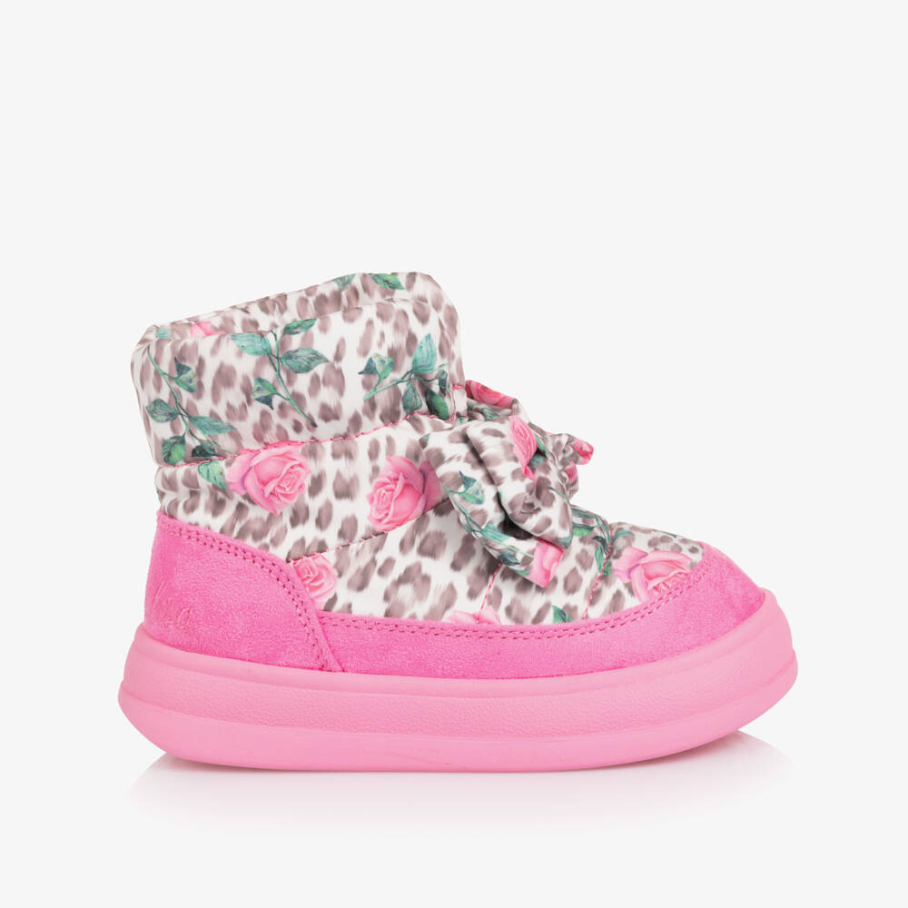Monnalisa-Girls Pink Quilted Leopard & Rose Print Boots | Childrensalon