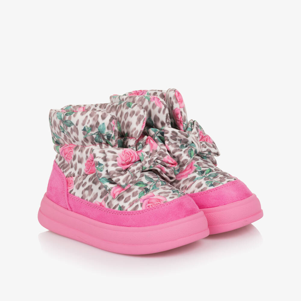 Monnalisa-Girls Pink Quilted Leopard & Rose Print Boots | Childrensalon