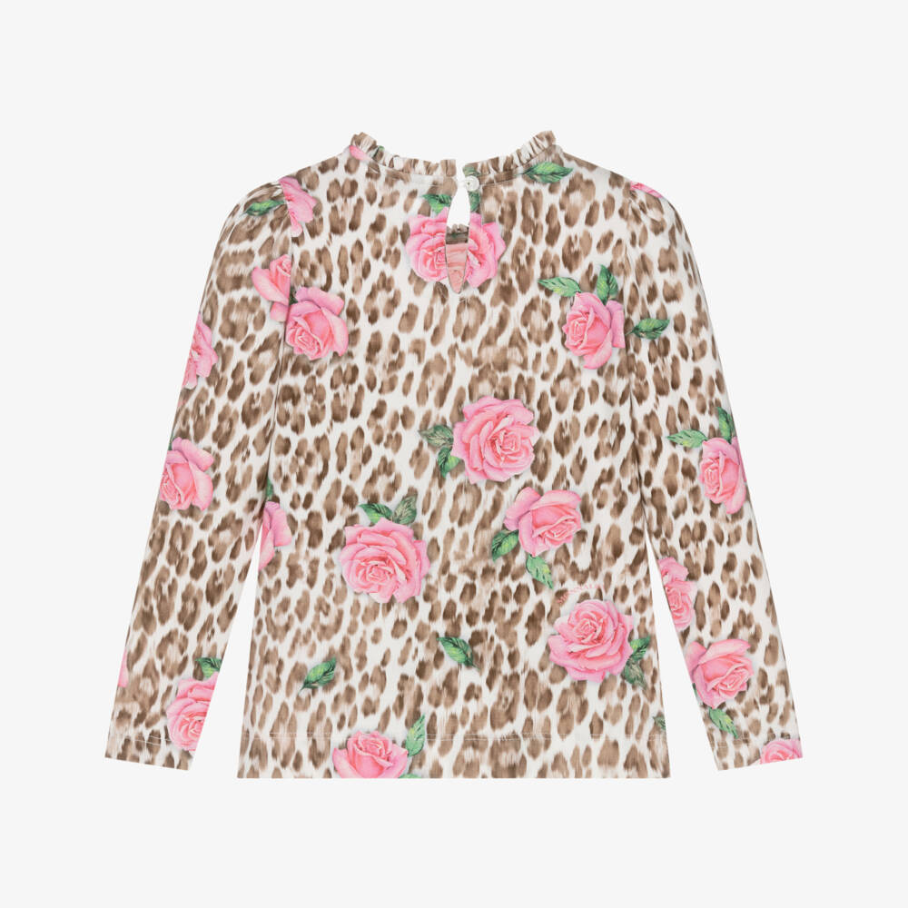 Monnalisa-Girls Pink Rose & Brown Leopard Print Top | Childrensalon