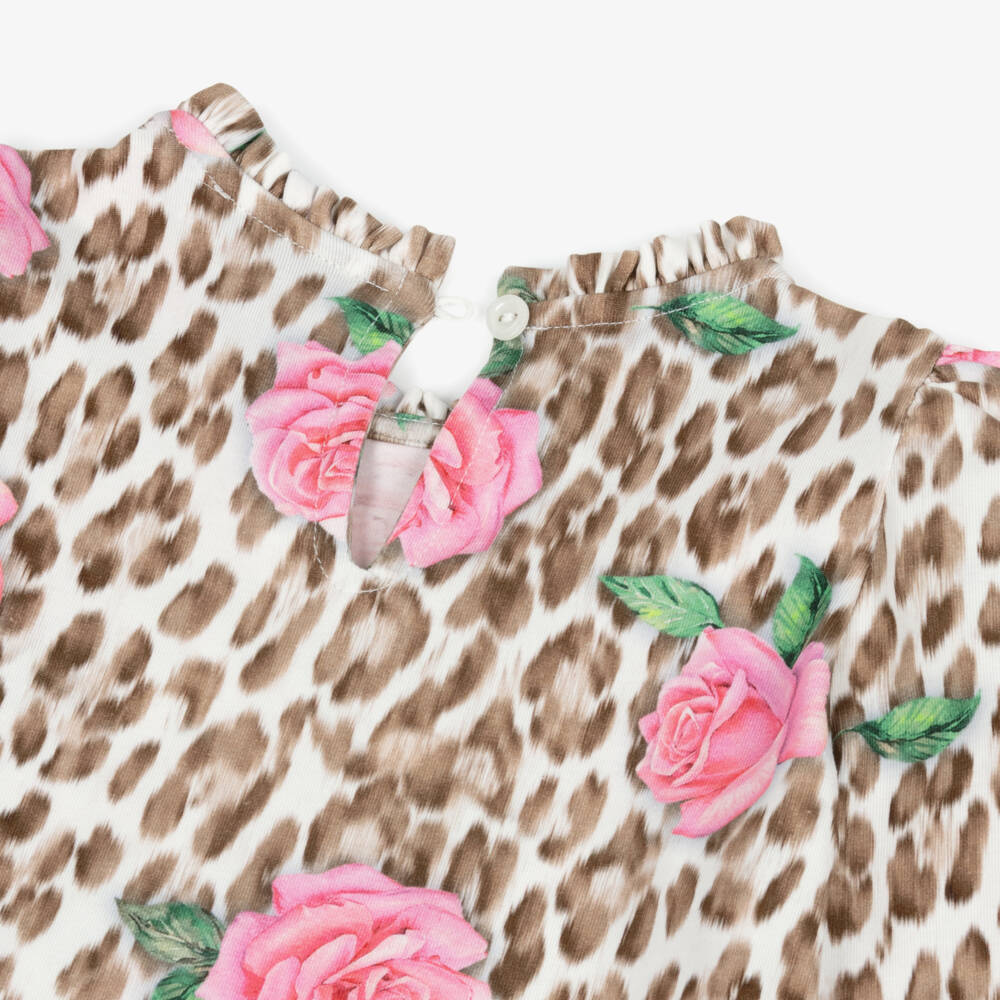 Monnalisa-Girls Pink Rose & Brown Leopard Print Top | Childrensalon