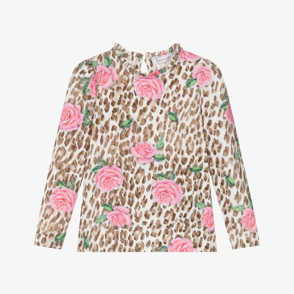 Monnalisa-Girls Pink Rose & Brown Leopard Print Top | Childrensalon