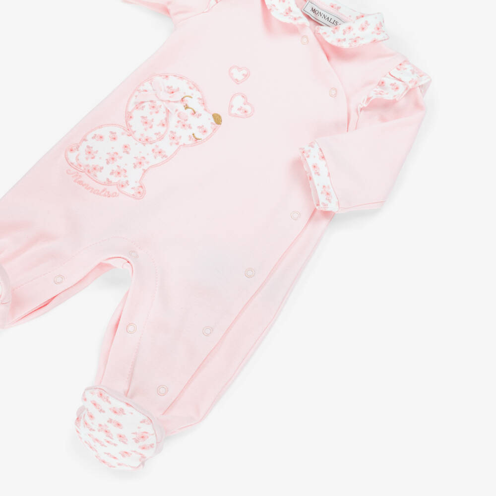 Monnalisa-Girls Pink Roses & Puppy Cotton Babygrow | Childrensalon