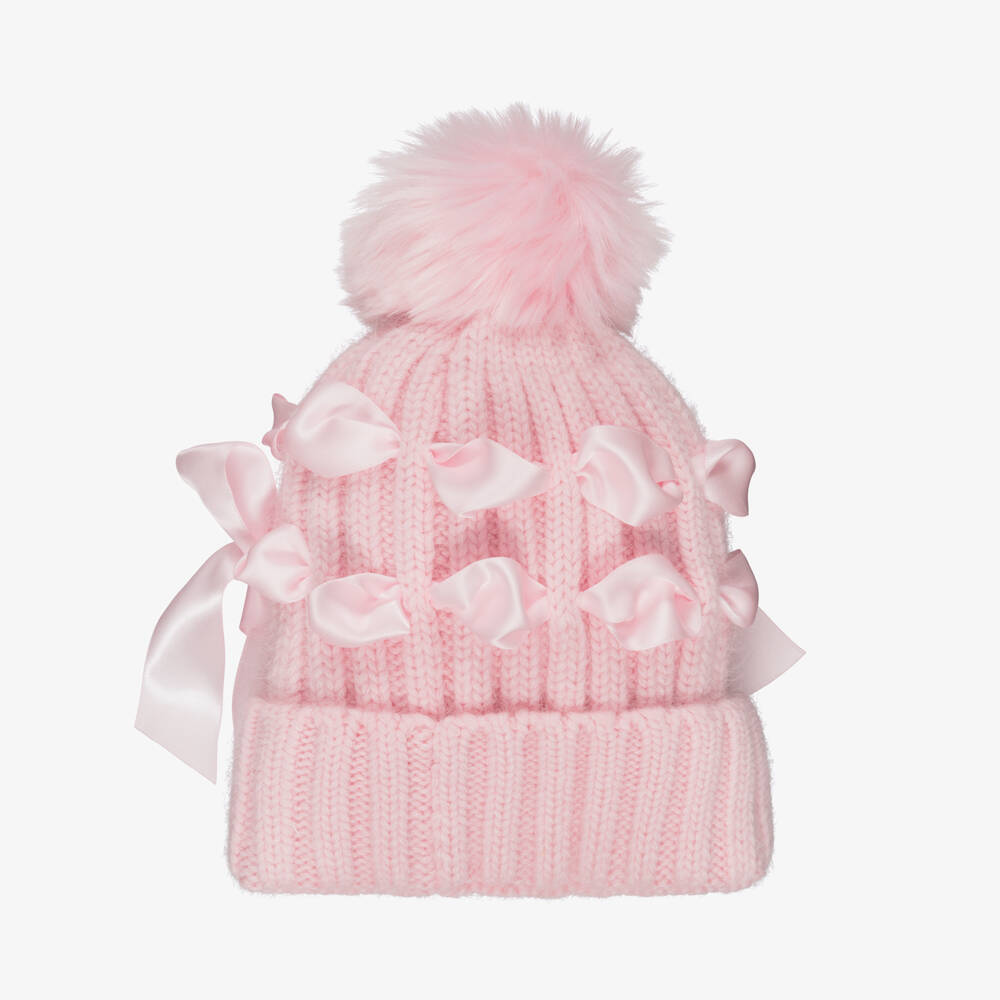 Monnalisa-Girls Pink Satin Bow Pom-Pom Hat with Ribbon Bows | Childrensalon