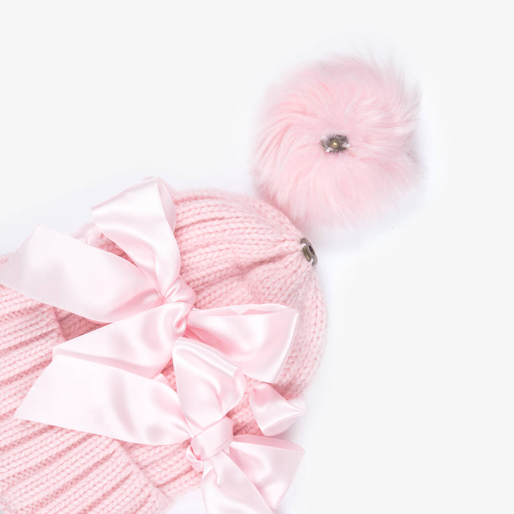 Monnalisa-Girls Pink Satin Bow Pom-Pom Hat with Ribbon Bows | Childrensalon