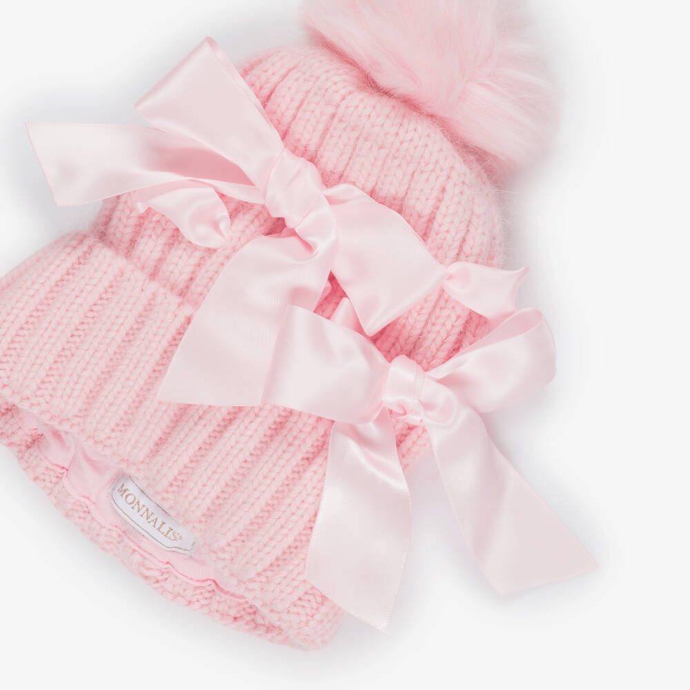 Monnalisa-Girls Pink Satin Bow Pom-Pom Hat with Ribbon Bows | Childrensalon