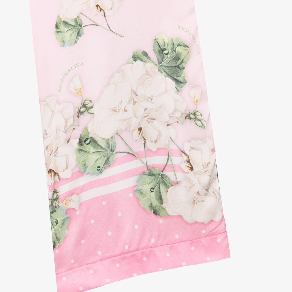 Monnalisa Chic-Girls Pink Satin Floral Print Wide-Leg Trousers | Childrensalon