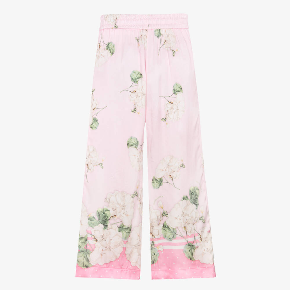 Monnalisa Chic-Girls Pink Satin Floral Print Wide-Leg Trousers | Childrensalon