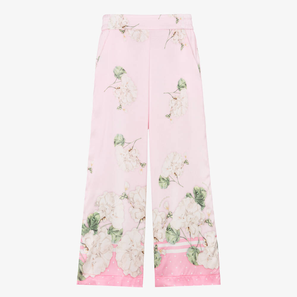 Monnalisa Chic-Girls Pink Satin Floral Print Wide-Leg Trousers | Childrensalon