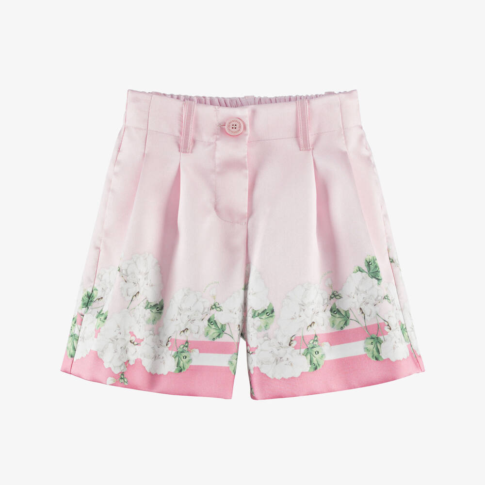 Monnalisa Chic-Girls Pink Satin Floral Shorts | Childrensalon
