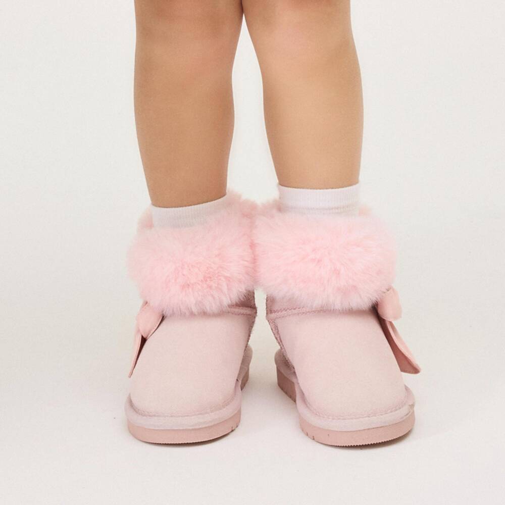 Monnalisa-Girls Pink Suede Ankle Boots with Faux Fur | Childrensalon