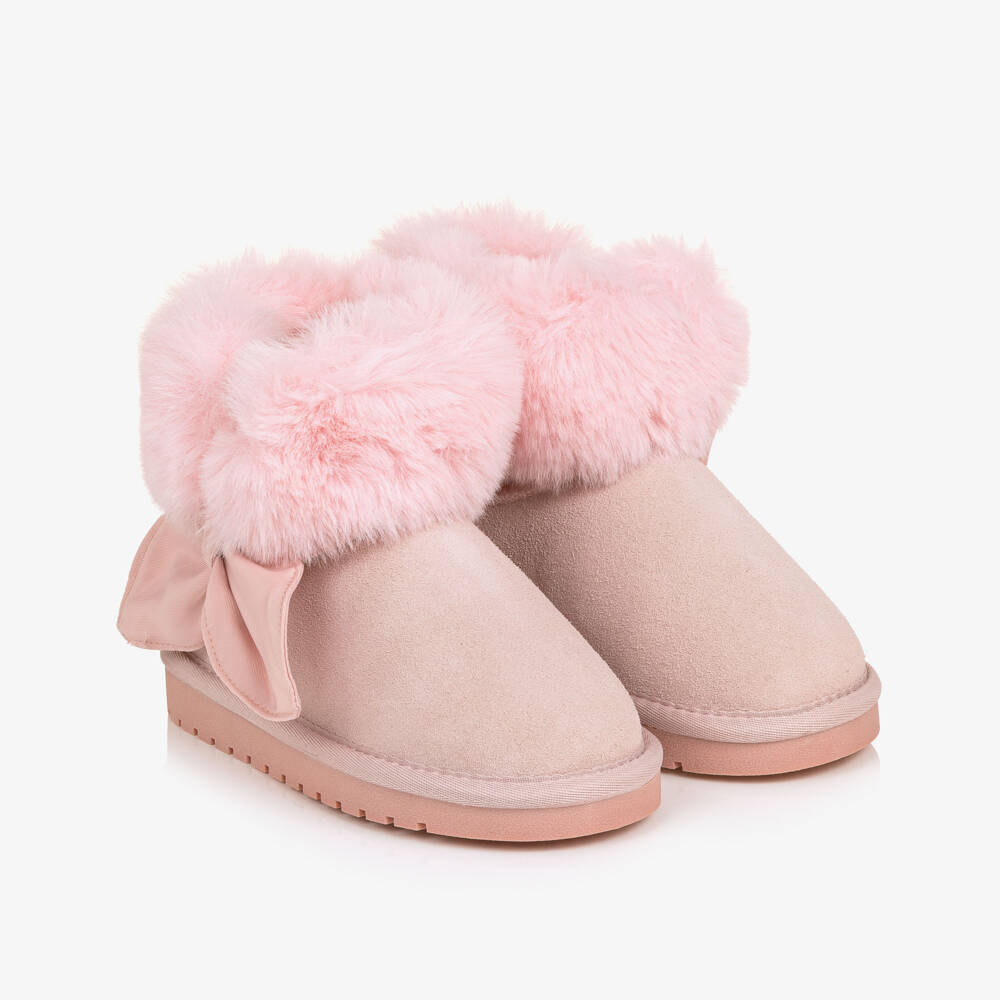 Monnalisa-Girls Pink Suede Ankle Boots with Faux Fur | Childrensalon