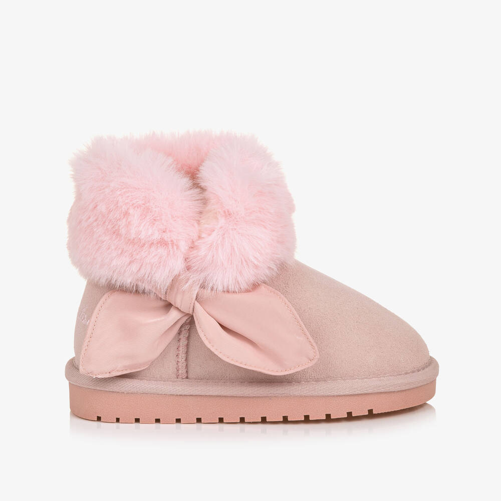 Monnalisa-Girls Pink Suede Ankle Boots with Faux Fur | Childrensalon