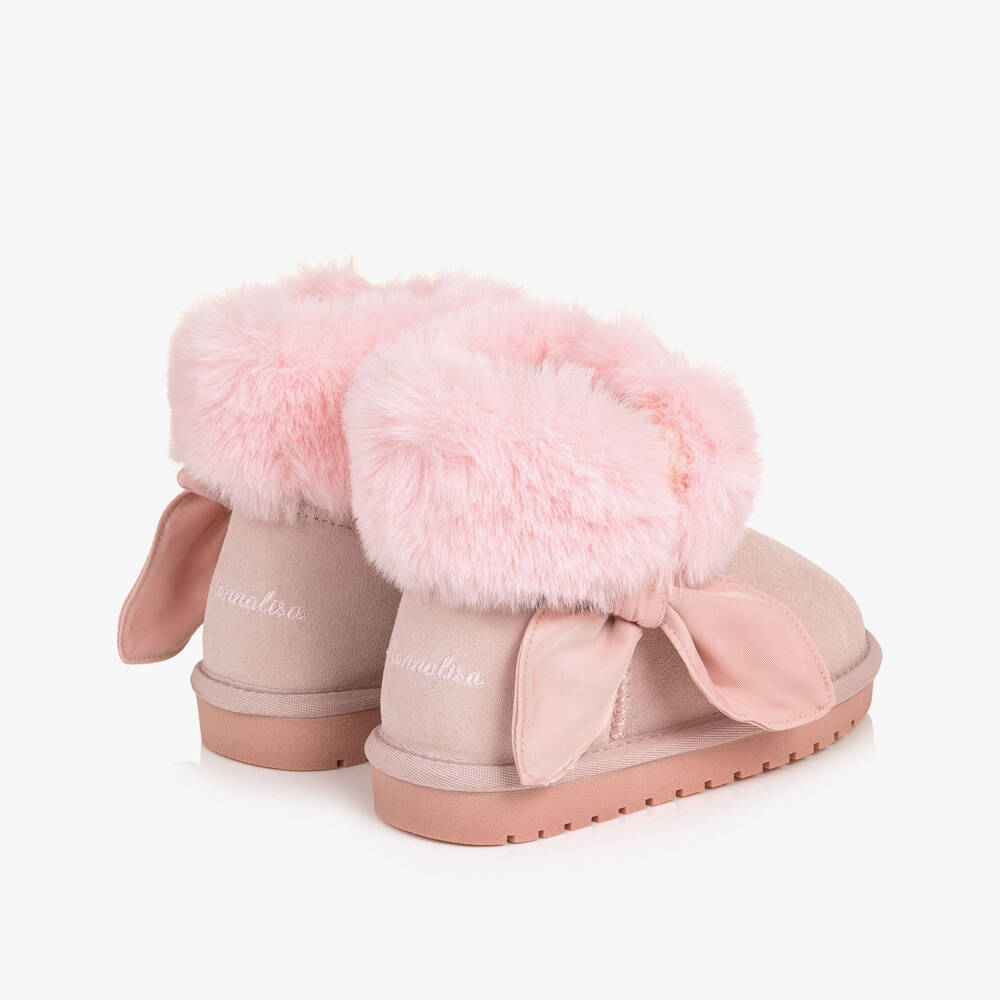 Monnalisa-Girls Pink Suede Ankle Boots with Faux Fur | Childrensalon