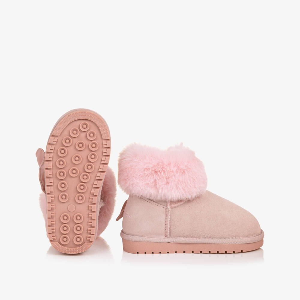 Monnalisa-Girls Pink Suede Ankle Boots with Faux Fur | Childrensalon