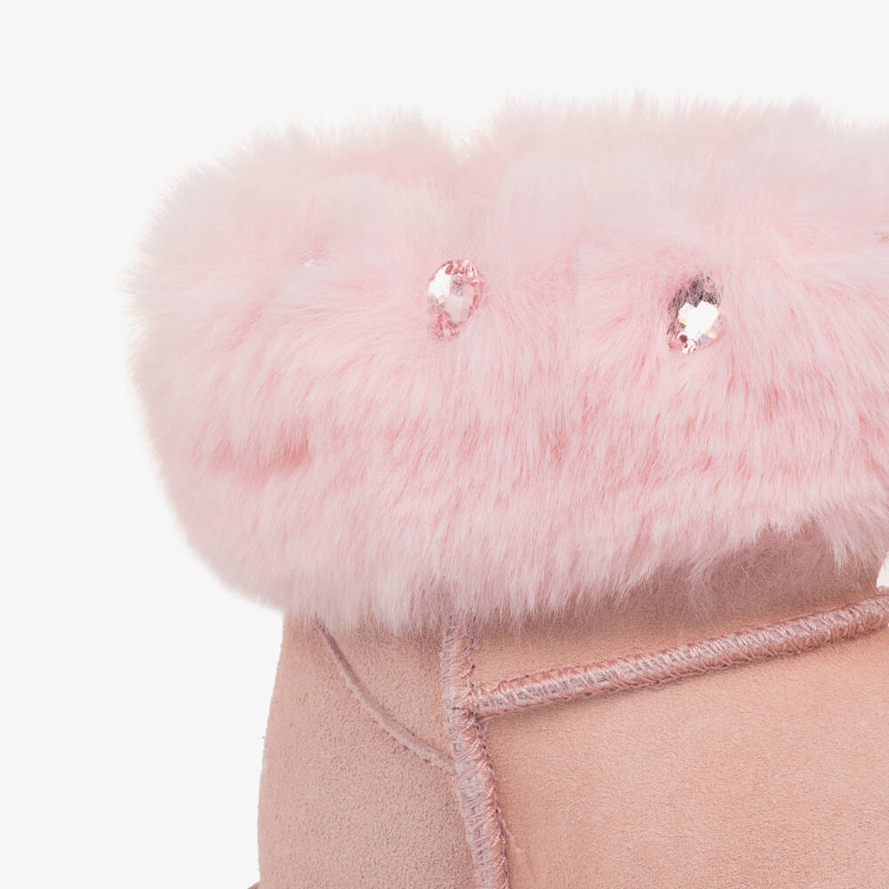 Monnalisa-Girls Pink Suede Leather & Faux Fur Boots | Childrensalon