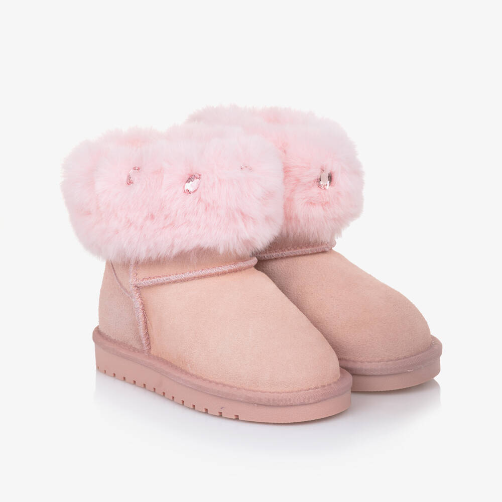 Monnalisa-Girls Pink Suede Leather & Faux Fur Boots | Childrensalon