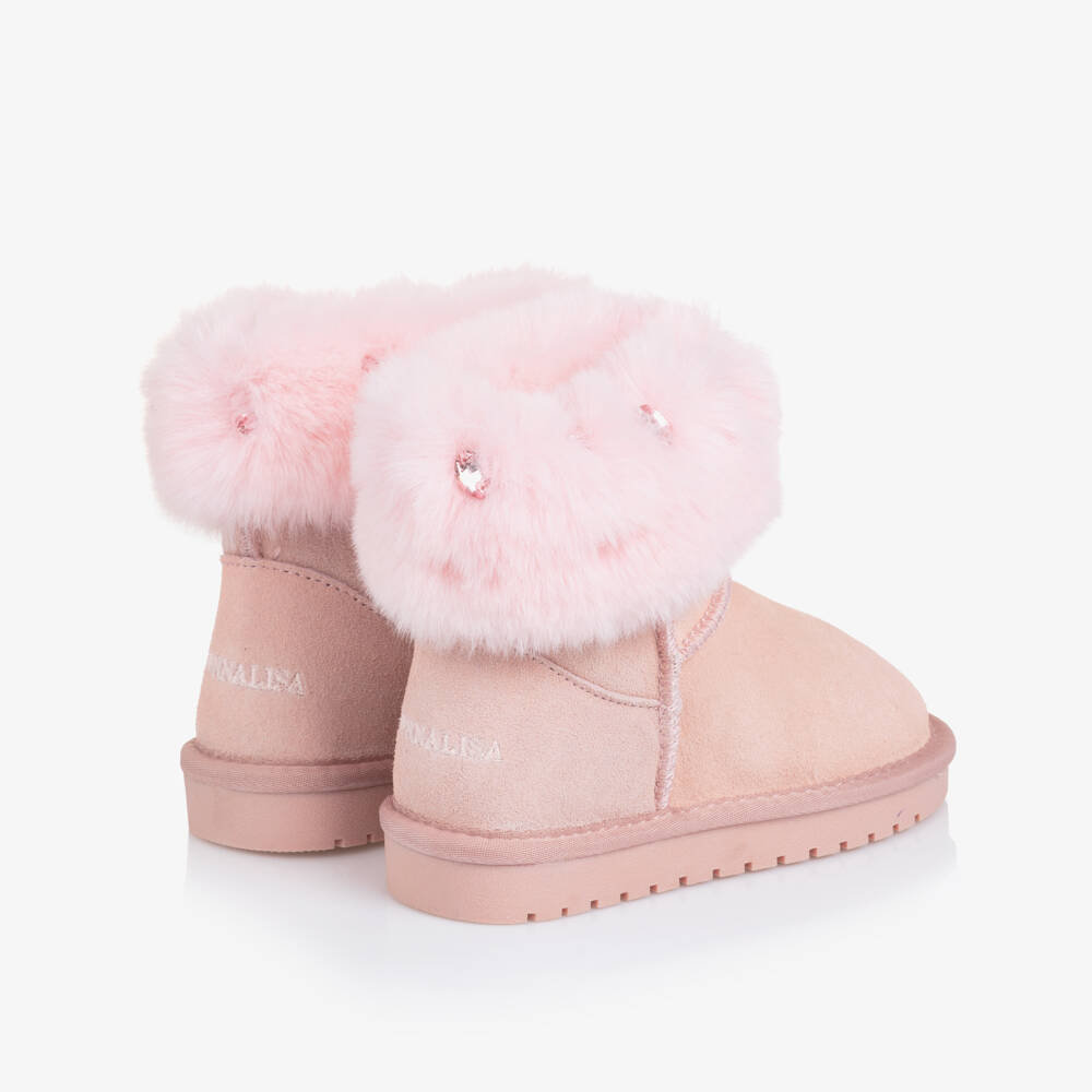 Monnalisa-Girls Pink Suede Leather & Faux Fur Boots | Childrensalon